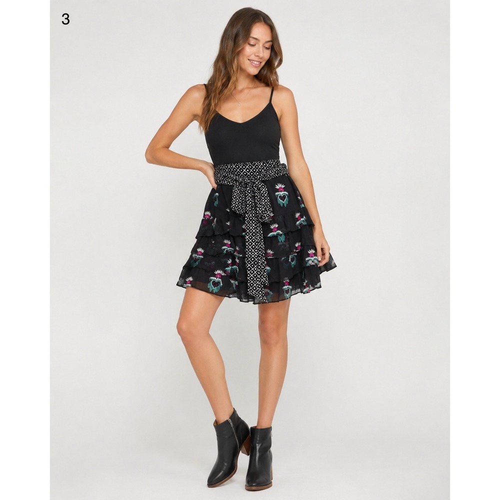 Y2K Celia Birtwell Express Skirt Womens 6 Black Silk Tiered Ruffle Heart Floral